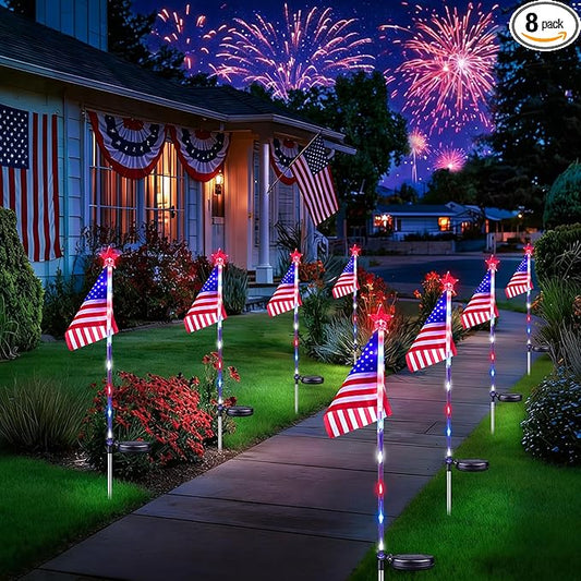 8 Pack American Flag Solar Lights Outdoor, 4th of July Decorations Red White and Blue Star Lights, 2 Modes Waterproof Solar Patriotic Lights for 250th Anniversary Independence Memorial Day Garden Yard