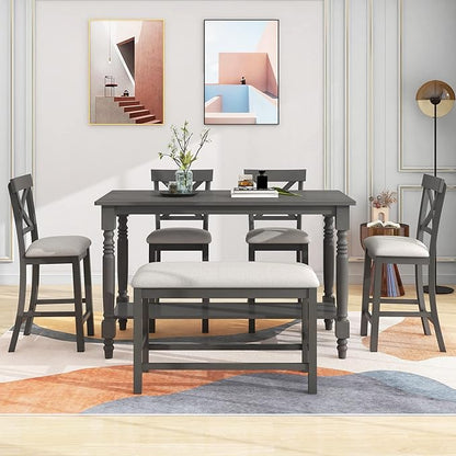VilroCaz Modern Elegant 6-Piece Counter Height Kitchen Dining Table Set, Solid Wood 60'' Rectangle Table with Bottom Shelf, 4 Comfort Upholstered Chairs 1 Bench for Dining Room Restaurant (Gray)