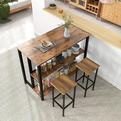 COSTWAY Home Bar Unit, 3-Tier Bar Table with Storage Shelves, Metal Frame, Adjustable Foot Pads, Breakfast Corner Bar Cabinet for Kitchen Island Dining Room (Rustic Brown)
