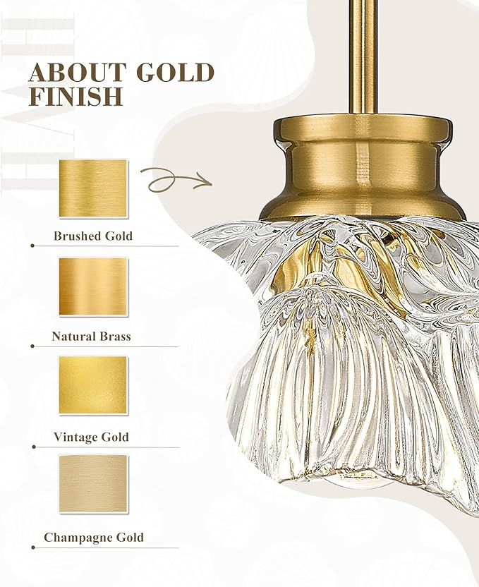 Gold Pendant Light, HWH Kitchen Island Lighting for Living Rooms, Dining Room, Modern Pendant Light Fixture with Clear Flower Glass, Brushed Gold Finish, 5HJX112MIL BG