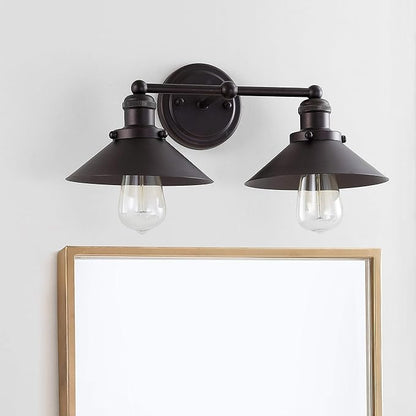 JONATHAN Y 17.5" Oil Rubbed Bronze 2-Light Industrial Farmhouse Metal Vanity Light Wall Sconce, Metal Shade for Bathroom Mirror, Kitchen, Entryway, LED Bulb Included (JYL7427A)