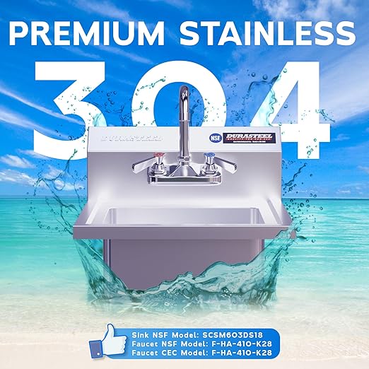 DuraSteel Stainless Steel Sink - NSF Commercial Wall Mount Kitchen Sink - Small Hand Sink with 12" x 10" x 5.5"D Wash Basin - With Sink Strainer and Faucet - For Laundry, Restaurants, Bars, and More