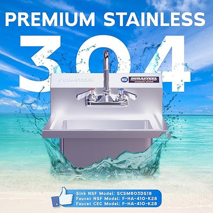 DuraSteel Stainless Steel Sink - NSF Commercial Wall Mount Kitchen Sink - Small Hand Sink with 12" x 10" x 5.5"D Wash Basin - With Sink Strainer and Faucet - For Laundry, Restaurants, Bars, and More