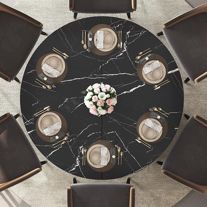 IBF Round Dining Table with Storage, Black Faux Marble Kitchen Tables for 4-6 People, 47" Modern Dining Room Tables with Fridge Space, Wood Circle Dinner Table for Home, Black Marble, Only Table