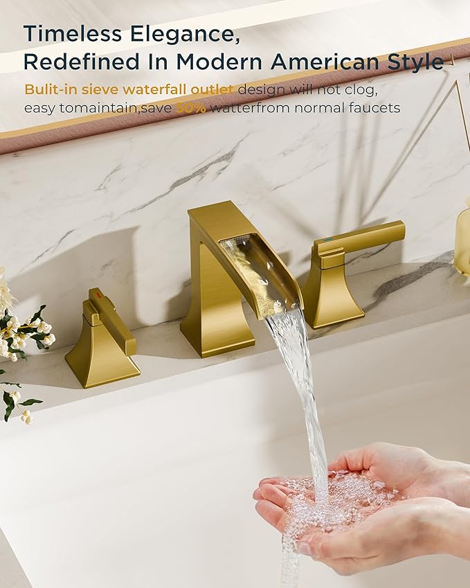 FORIOUS Waterfall Brushed Gold Bathroom Faucet 3 Hole Vanity, Two Handle Brass Gold Faucet for Bathroom Sink Widespread 8 Inch with Metal Pop-up Drain and CUPC Pre-Assembled Hose