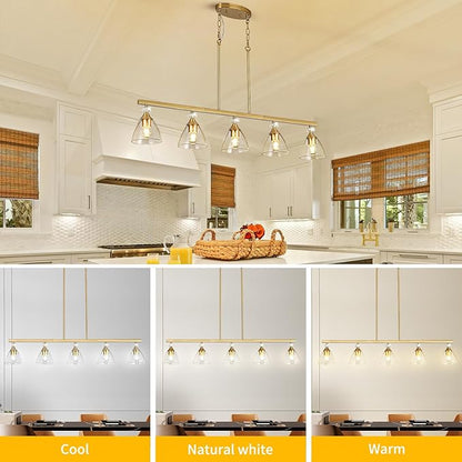 5-Light Gold Finish Kitchen Island Pendant Lighting with Clear Glass Shades for Dining Table, Kitchen Island, Living Room