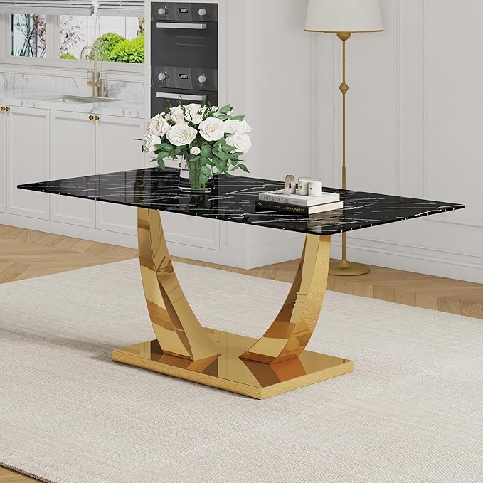 Modern Kitchen Table, Faux Marble Dining Table with 0.4" Thick Tempered Glass Top, 71" Black Dining Room Table with Gold U-Shaped Metal Base for Kitchen Dining Room