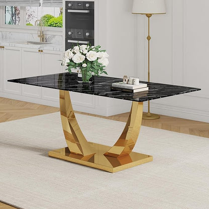 Modern Kitchen Table, Faux Marble Dining Table with 0.4" Thick Tempered Glass Top, 71" Black Dining Room Table with Gold U-Shaped Metal Base for Kitchen Dining Room