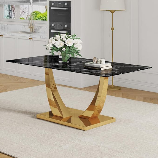 Modern Kitchen Table, Faux Marble Dining Table with 0.4" Thick Tempered Glass Top, 71" Black Dining Room Table with Gold U-Shaped Metal Base for Kitchen Dining Room