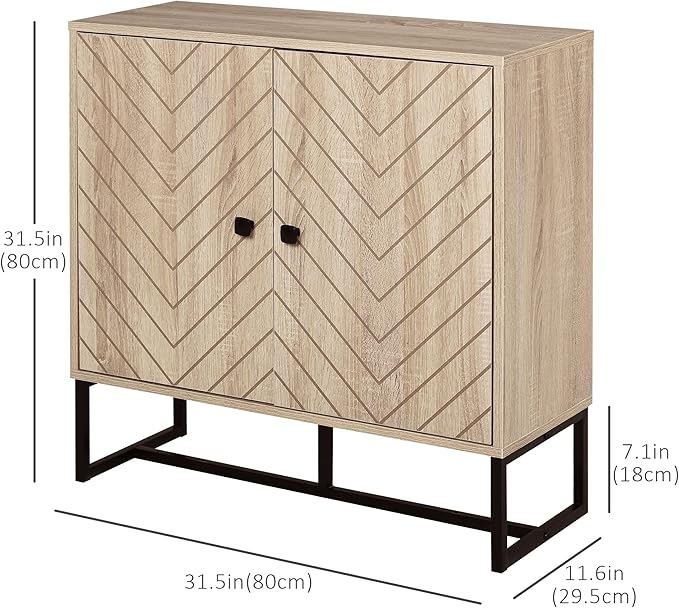 HOMCOM Modern Sideboard, Buffet Cabinet with 2 Chevron Doors and Adjustable Shelf, Kitchen Storage Cabinet with Steel Base, Coffee Bar Cabinet, 31.5" H, Oak