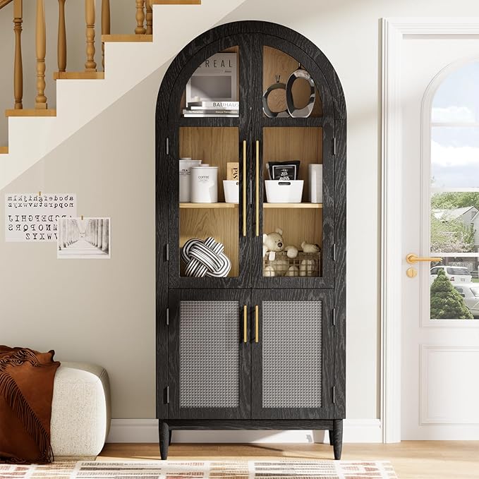 71”Arched Storage Cabinet with Glass & Rattan Door 5-Tier Farmhouse Kitchen Arch Cabinets with Adjustable Feet for Living Room, Black