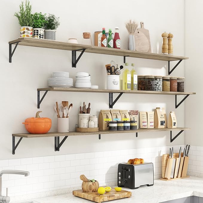 8" Deep Floating Shelves for Wall,16 inch Wood Wall Shelves Set of 2,Wide Floating Bookshelf with Sturdy Metal Brackets,Hanging Storage Floating Shelf for Living Room,Bedroom,Bathroom,Office,Grey