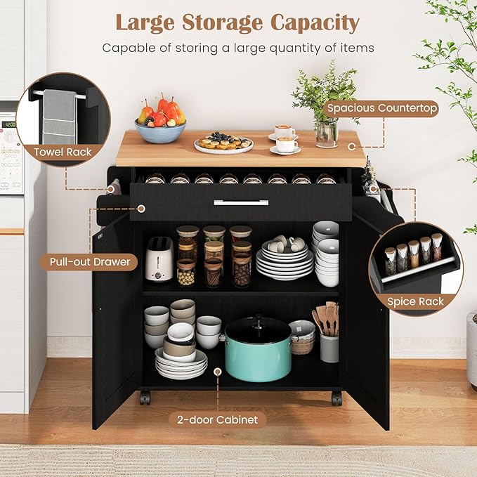 Giantex Kitchen Island, Rolling Kitchen Cart with Spice and Towel Rack, Large Drawer & 2-Door Storage Cabinet, Home Service Cart on Lockable Wheels, Wood Kitchen Trolley, Spacious Tabletop (Black)