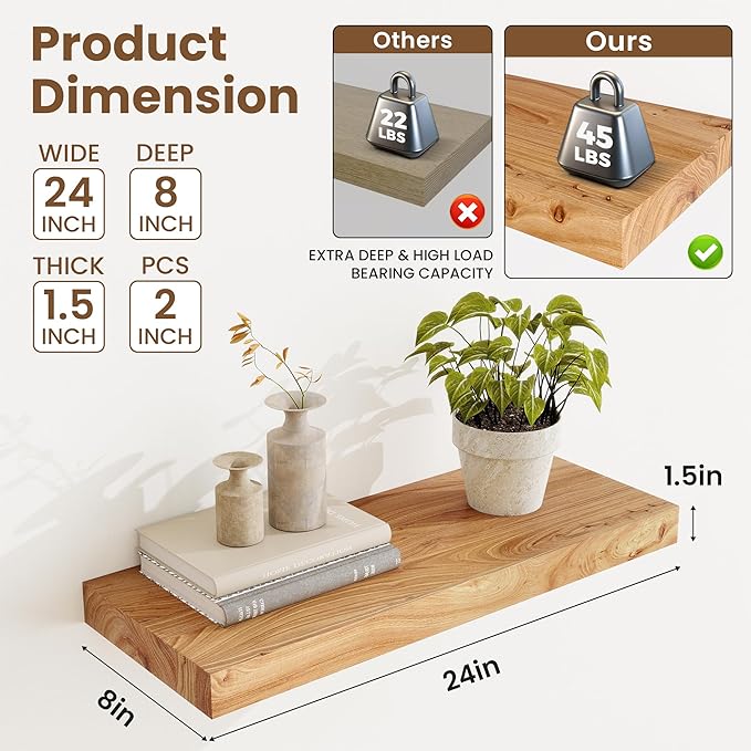 Acovy Extra Deep 24" Long Rustic Solid Wood Floating Shelves for Wall, Wall Shelves with Invisible Bracket for Living Room Bathroom Bedroom Kitchen, Set of 2, Walnut