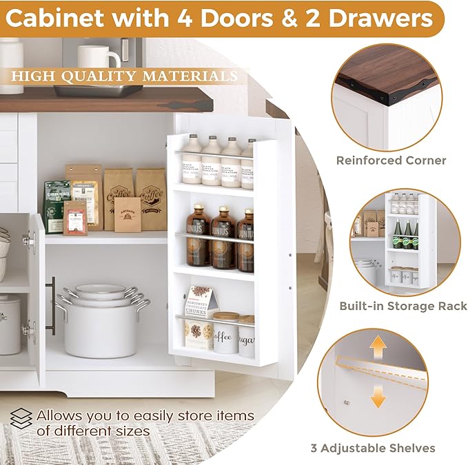 Buffet Cabinet with Storage, 63" Large Sideboard Storage Cabinet with Drawer, 4 Doors and Shelves, Modern Farmhouse Coffee Bar Table Kitchen Island Credenza for Kitchen, Dining, Living Room (White)