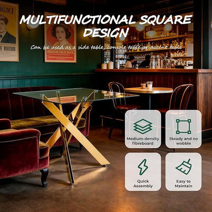 Square Glass Dining Table 35.4'' Inch Modern Square Kitchen Table with Metal Legs Durable Stylish Dinner Table for Dining Room Kitchen