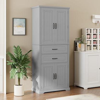 Storage Cabinet with 4 Doors and 2 Drawers, 72.5" H Kitchen Cabinet with 6 Door Shelves, Kitchen Storage Cabinets with Adjustable Shelves for Living Room, Gray