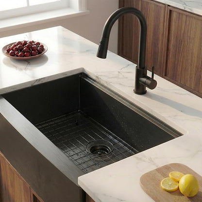 33 Inch Farmhouse Sink, Gunmetal Black Stainless Steel Apron Front Undermount Single Bowl Farm Kitchen Sink 33x20x9 16 Gauge with Accessories