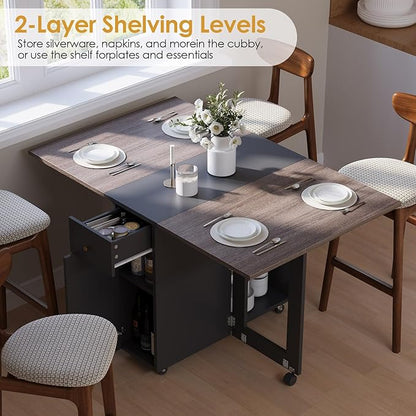 LotFun Folding Dining Table with 2 Storage Racks, Space Saving Dining Table with 6 Wheels, Kitchen Table for Small Spaces
