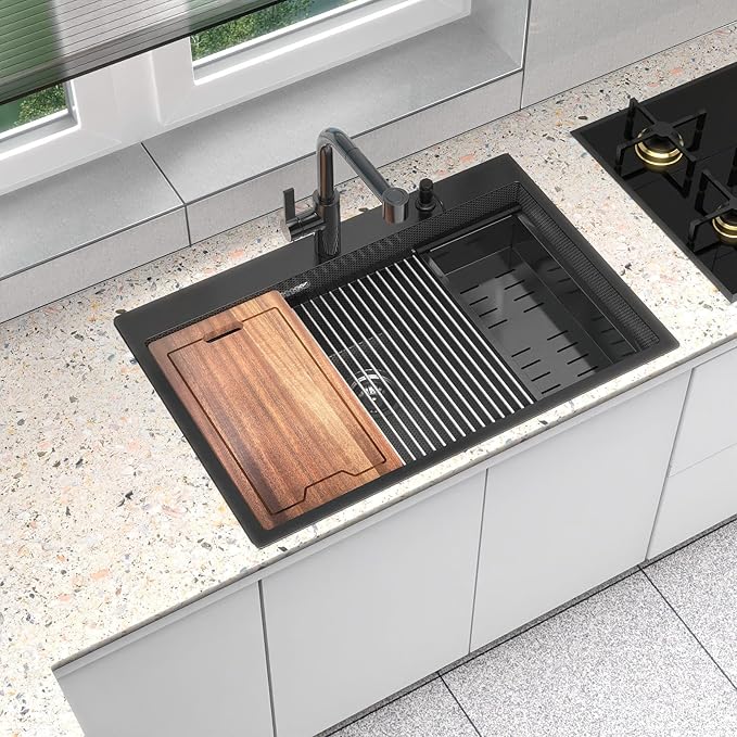 33inch Drop In Kitchen Sink Metal Black - Feibus 33x22x10 Sink with Double Step Workstation 16 Gauge Honeycomb Embossment Stainless Steel Single Bowl