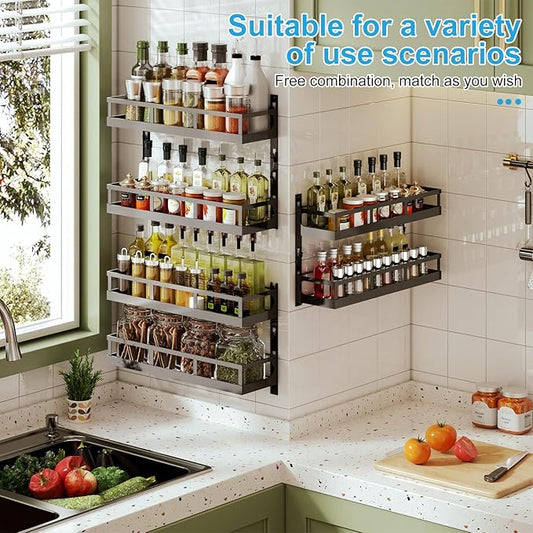 X-cosrack 6-Tier Wall-Mounted Spice Rack Organizer with Mixed Basket Sizes, Height-Adjustable Hanging Spice Shelf for Kitchen Pantry Cabinet, Large-Capacity Seasoning Holder, Black