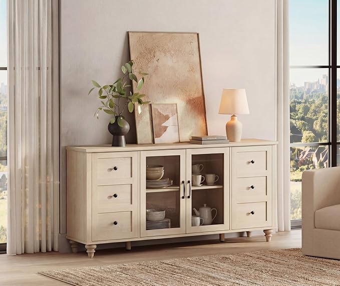 WAMPAT Sideboard Buffet Cabinets with Glass Door, Kitchen Storage Cabinets, Wood Coffee Bar Tables, Accent Sideboard Storage Cabinet Table Dining Room, Living Room,Beige