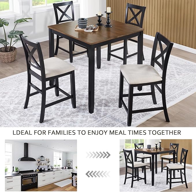 5 Piece Counter Height Dining Set with 4 Chairs, Classic Wooden Table for 4, Farmhouse Style Dining Room Set for Kitchen, Black and Oak Two Tone