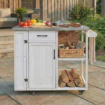 MERITLINE Outdoor Kitchen Island with Stainless Steel Top, Lockable Wheels & Towel Rack, Mobile BBQ Prep Cart with Hidden Cabinet, Drawer, Shelves for Patio, Garden, Backyard, White