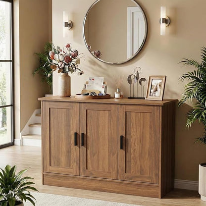 Anystyle 43" Rustic Brown Buffet Cabinet with Black Handles, Small Kitchen Sideboard with 3 Doors & Adjustable Shelves, Industrial Entryway Credenza & TV Console Table for Living Room, Dining Room