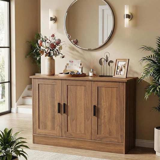 Anystyle 43" Rustic Brown Buffet Cabinet with Black Handles, Small Kitchen Sideboard with 3 Doors & Adjustable Shelves, Industrial Entryway Credenza & TV Console Table for Living Room, Dining Room