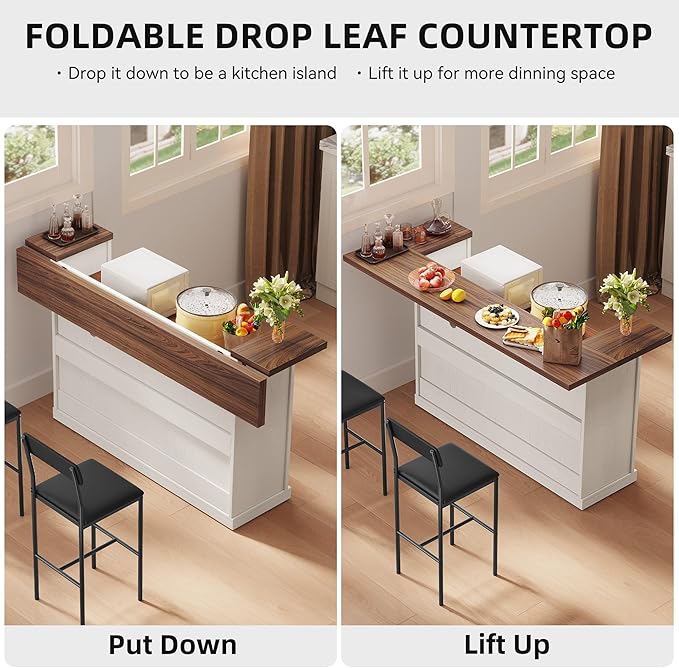 Kitchen Island with Seating, Rolling Kitchen Islands with Storage, 55" W Large Island Table, Breakfast Bar Counter with Drop Leaf, Trash Can Cabinet, Power Outlet for Dining Room, Walnut