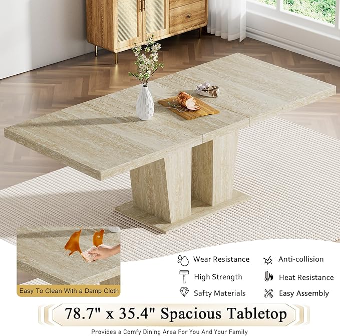 Goujxcy 5-Piece Extendable Dining Table Set for 4, 63-78 Inch Faux Travetine Kitchen Table Set with 4 Green Upholstered Chairs Modern Wood Expandable Dining Room Table Set for Kitchen Apartment