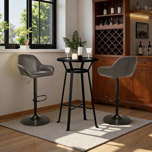 Glitzhome Bar Table and Chairs Set, Round Black Steel Pub Table with Soild Elm Wood Top and Bar Height Adjustable Swivel PU Leather Bar Stool for Breakfast Nook Living Room Small Space Restaurant