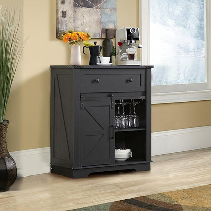 Buffet Cabinet with Storage, Farmhouse Coffee Bar Cabinet with Goblet Holder and Drawer, Sideboard with Barn Door for Kitchen, Dining Room, Living Room, Black