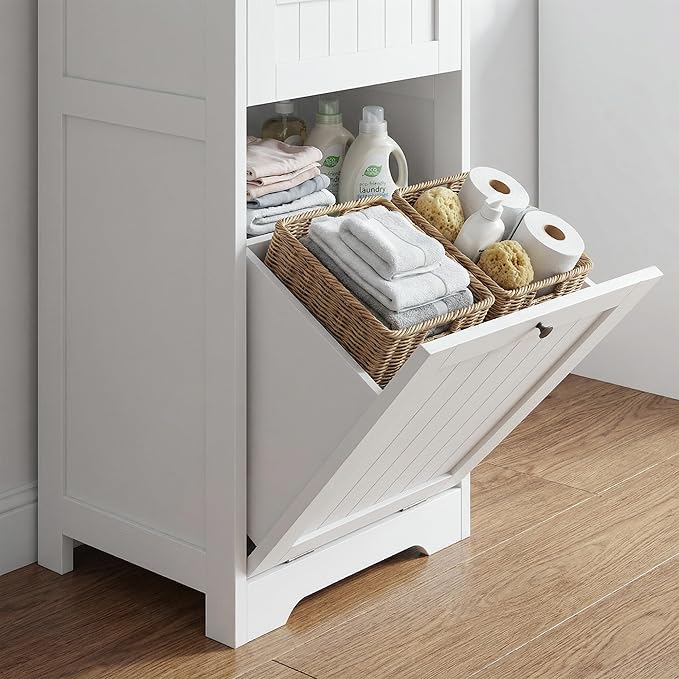 Casaphoria 55 Inch Tall Laundry Sorter Cabinet, Narrow Bathroom Storage Cabinet with Tilt-Out Hamper and Drawer, Freestanding Space-Saving Organizer for Laundry Room, White