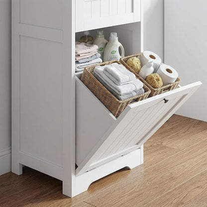 Casaphoria 55 Inch Tall Laundry Sorter Cabinet, Narrow Bathroom Storage Cabinet with Tilt-Out Hamper and Drawer, Freestanding Space-Saving Organizer for Laundry Room, White