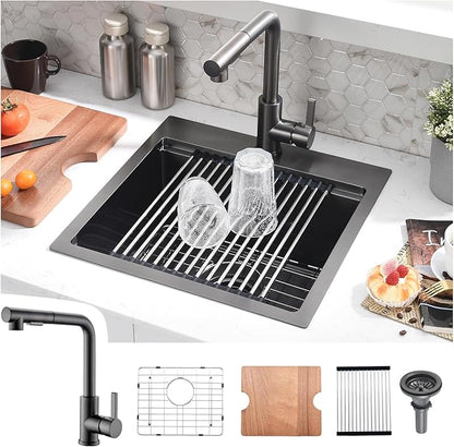 21x20 Drop In Black Bar Sink and Faucet Combo - 21 Inch Black Stainless Steel Drop In Kitchen Sink Workstation, 9 Inch Deep Wet Bar Sink Single Bowl with Accessories