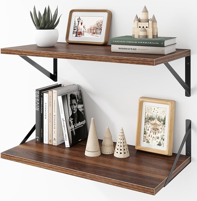 Acovy Deep Floating Shelves Wall Mounted, 24"x12" Walnut Wall Shelves with Brackets Set of 2 for Bedroom, Living Room, Bathroom, Kitchen, Office - Storage & Display Shelf for Decor, Books, Plants