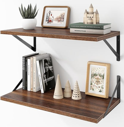 Acovy Deep Floating Shelves Wall Mounted, 24"x12" Walnut Wall Shelves with Brackets Set of 2 for Bedroom, Living Room, Bathroom, Kitchen, Office - Storage & Display Shelf for Decor, Books, Plants
