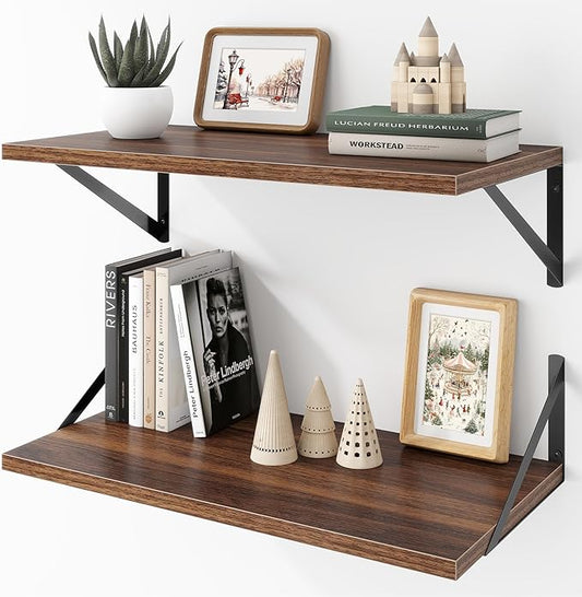 Acovy Deep Floating Shelves Wall Mounted, 24"x12" Walnut Wall Shelves with Brackets Set of 2 for Bedroom, Living Room, Bathroom, Kitchen, Office - Storage & Display Shelf for Decor, Books, Plants