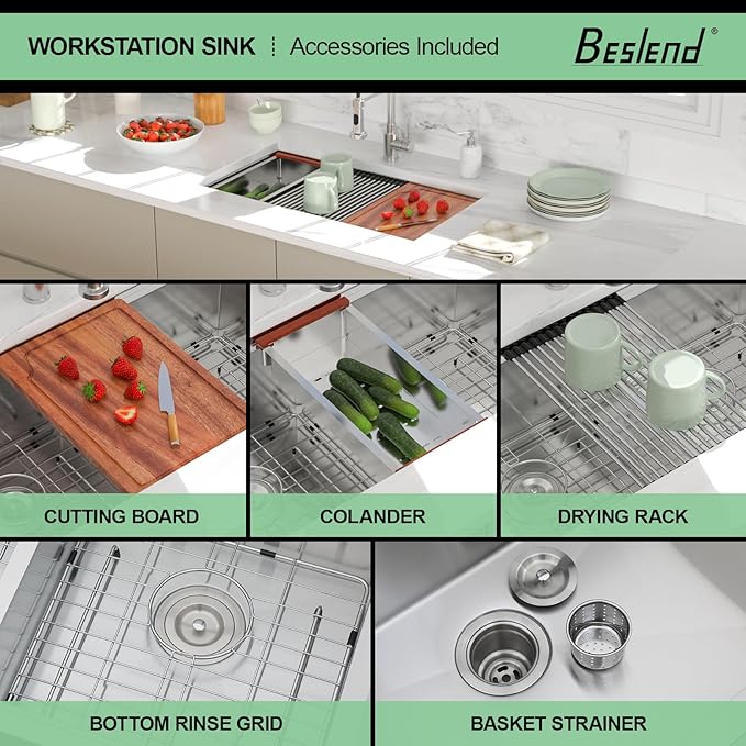 33 Undermount Kitchen Sink - 33x19 Double Bowl Kitchen Sinks Workstation 16 Gauge Stainless Steel Sink Low Divide Double Basin 50/50