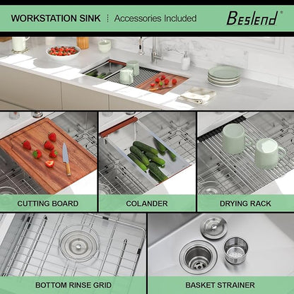 33 Undermount Kitchen Sink - 33x19 Double Bowl Kitchen Sinks Workstation 16 Gauge Stainless Steel Sink Low Divide Double Basin 50/50