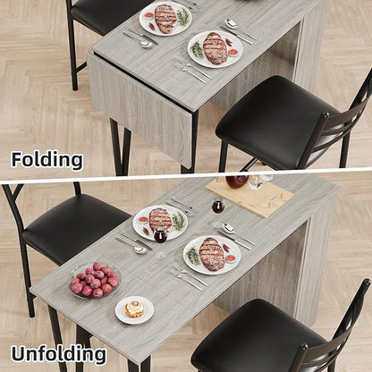 3-Piece Bar Table and Chairs Set, Extendable Kitchen Island with Storage Shelves, Counter Height Dining Table for Small Spaces, 2 Cushioned Bar Stools Included, Gray