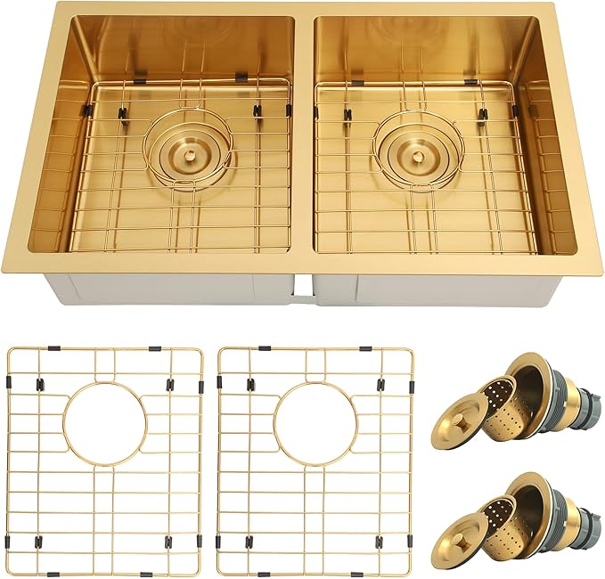 Gold RV Kitchen Sink 27 X 16 inch,50/50 Double Bowl Undermount Kitchen Sink,16 Gauge Stainless Steel Kitchen Sinks for RV