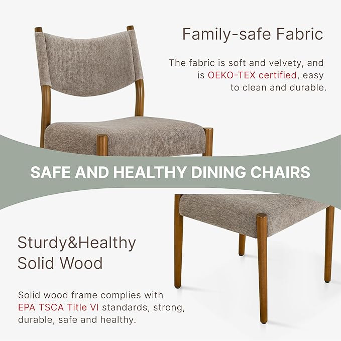 KISLOT Upholstered Dining Chairs Set of 4, Solid Wood Armless Kitchen Chairs with Soft Polyester Fabric, 18.9" Seat Height, Modern Dining Room Seating, 300 lbs Capacity, Brown