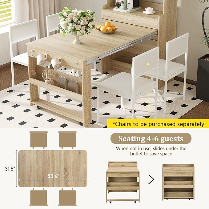 Compact Buffet with Hutch and Foldable Dining Table, Multifunctional Cupboard with Storage Shelf and Side Hooks, 2-in-1 Buffet for Small Places, Studio, Apartment