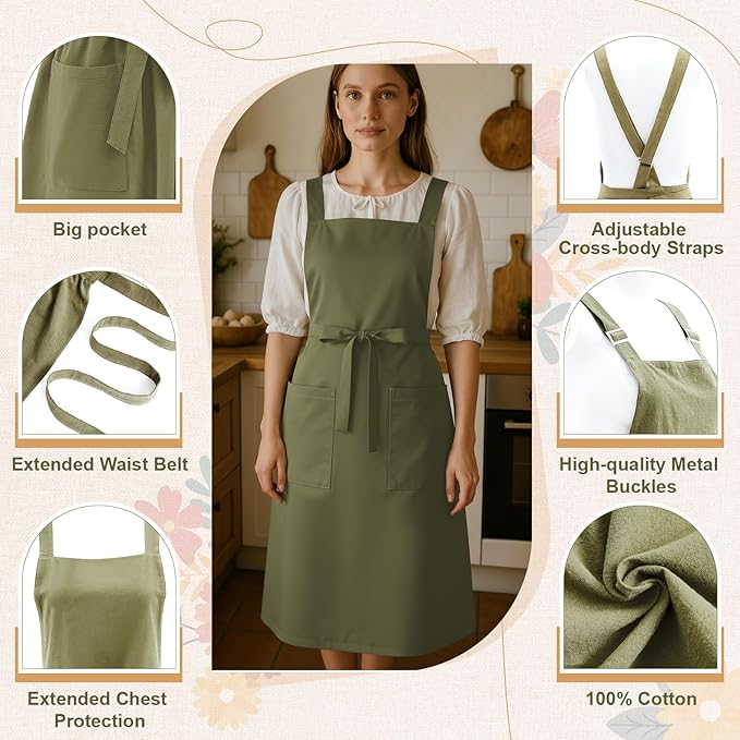 100% Cotton Aprons with Pockets Pinafore Dress for Women Vintage Cute Aprons for Kitchen Baking Gardening Painting
