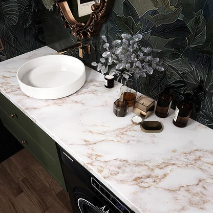 Wallercity White/Gold Marble Contact Paper for Countertops Vinyl Waterproof Peel and Stick Countertops Contact Paper Self Adhesive Removable Matte Marble Wallpaper for Kitchen Cabinets 24x118 Inches