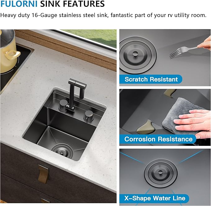 13"x15" Undermount RV Kitchen Sink Workstation – 16 Gauge 304 Stainless Steel Gunmetal Black NANO-PVD Single Bowl Basin with Foldable Faucet, for RV, Outdoor Camper, Mobile Home, Wet Bar
