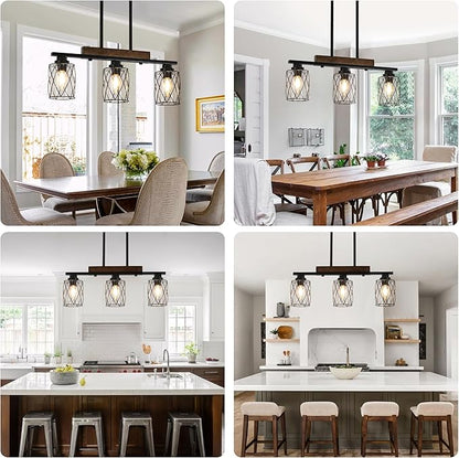 3-Light Dining Room Light Fixture/Chandelier Over Table, Island Lighting Hanging for Farmhouse Linear Chandeliers Matte Black Rustic Wood Ceiling Pendant Light Fixtures, with Clear Glass Shade